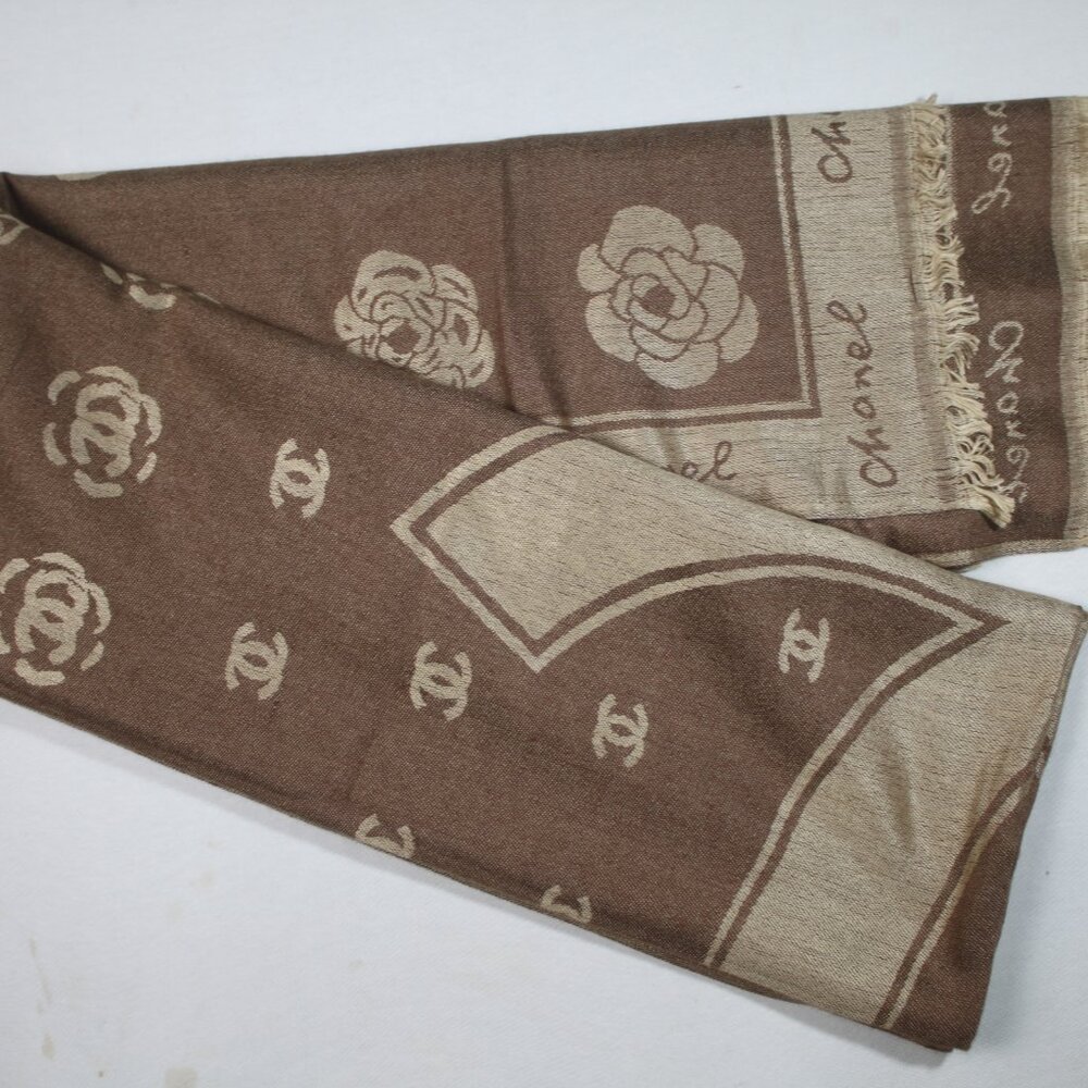 Authentic Chanel Scarf wrap stole 65% Cashmere 35% Silk Brown Used - Picture 5 of 10